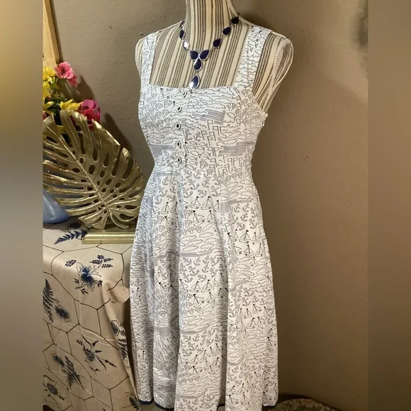 VINTAGE Navy and White Fit & Flare Dress - Picture 3 of 15